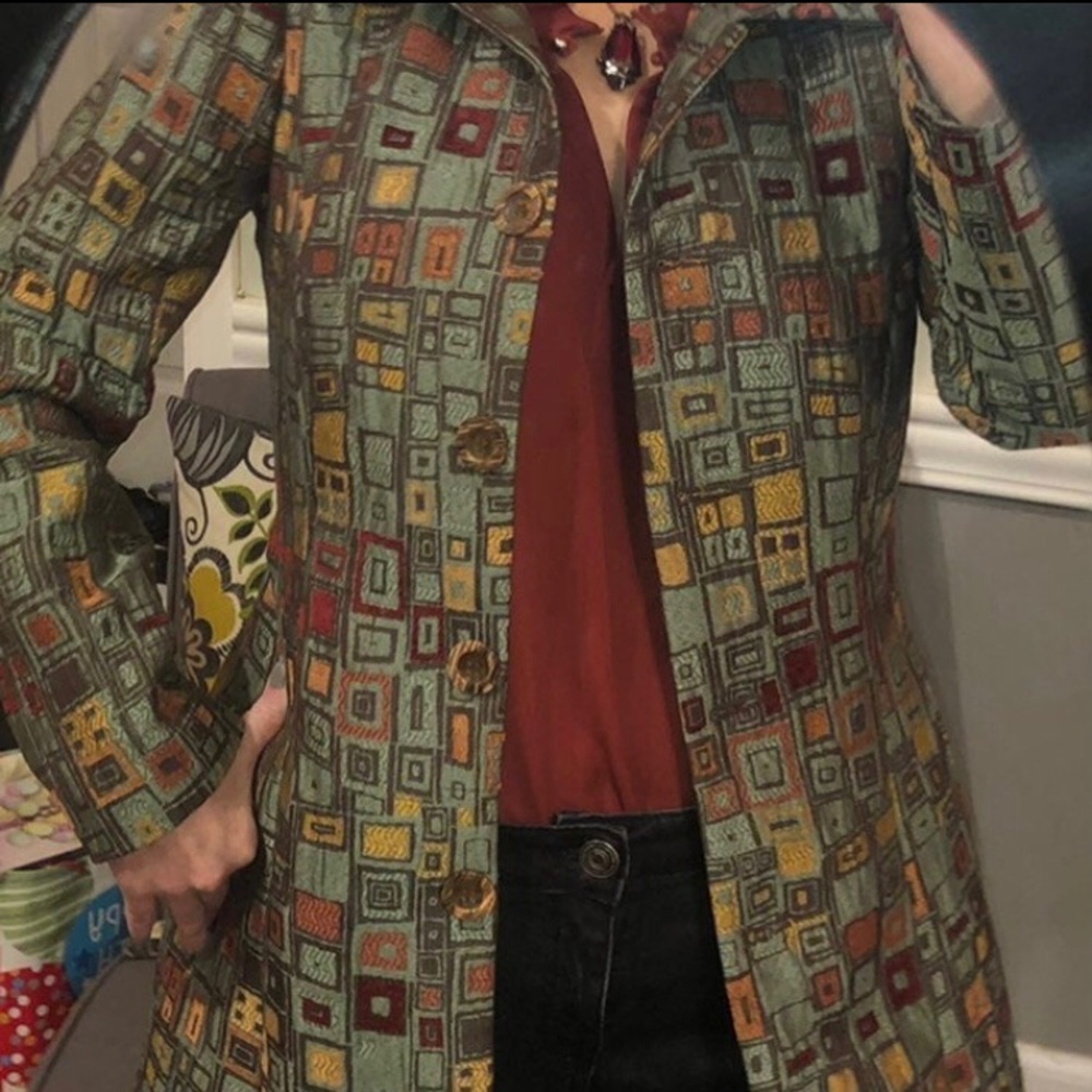 Bentley A. -green vintage coat with rust, yellow gold, burgundy squares -X-small